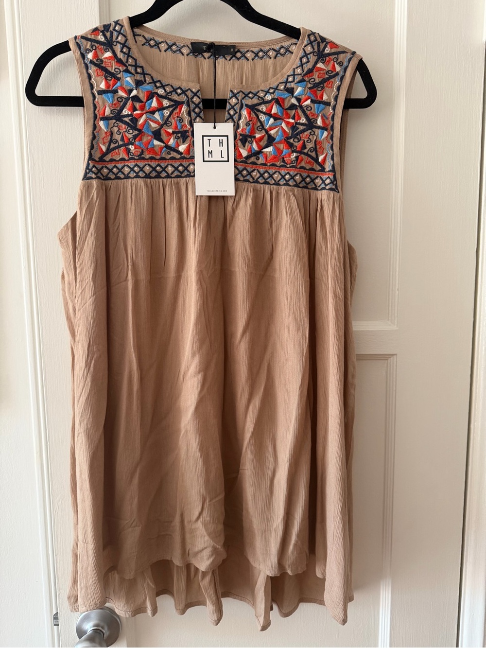 THML Beige Sleeveless mini dress with Colorful Embroidered! NWT!